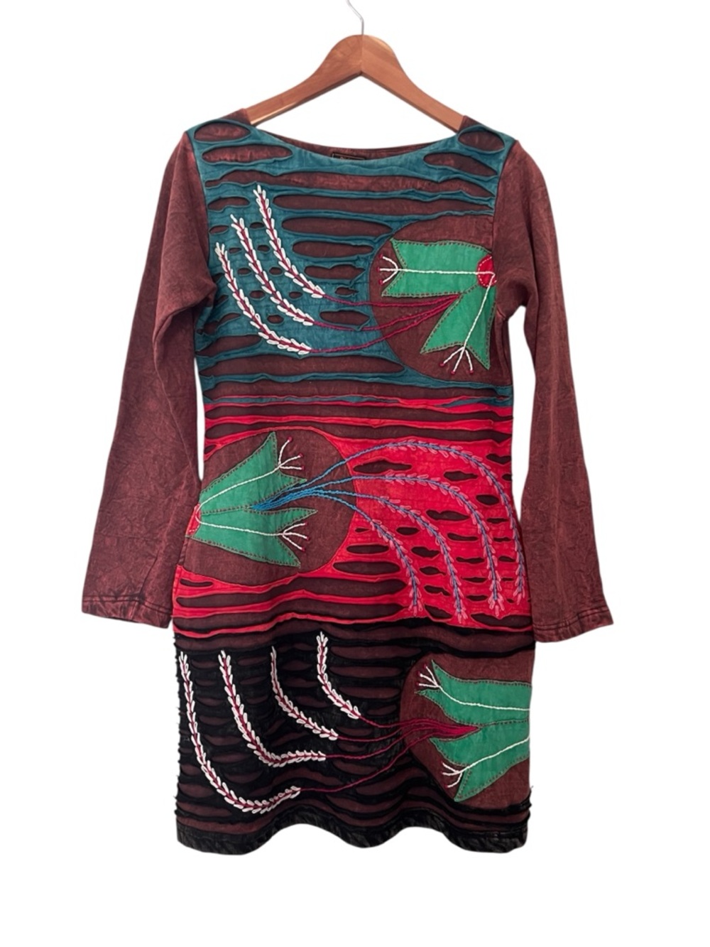 Rising International Abstract Embroidered Boho Artsy Cotton Mini Dress Size L